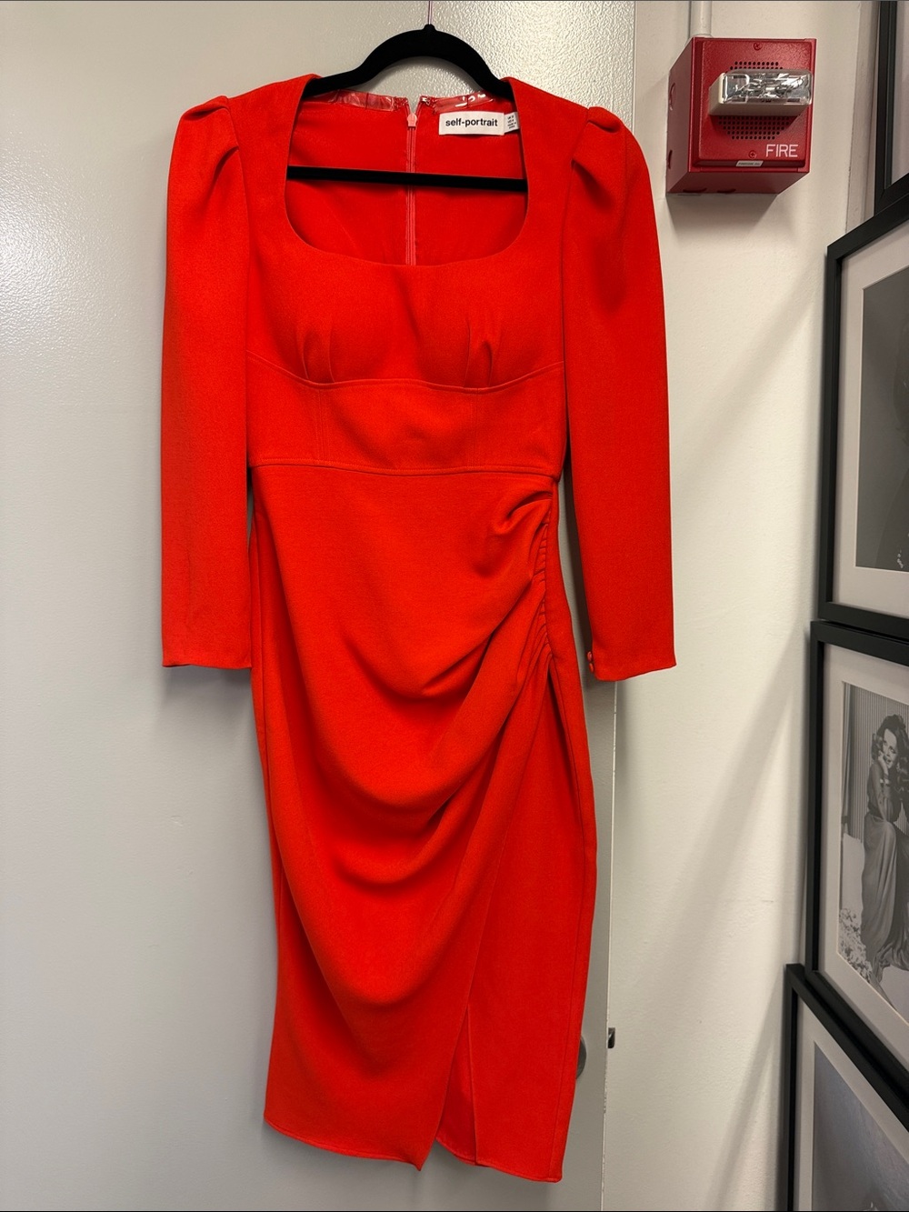 Self-Portrait Vibrant Red Long-Sleeve Draped Midi Dress